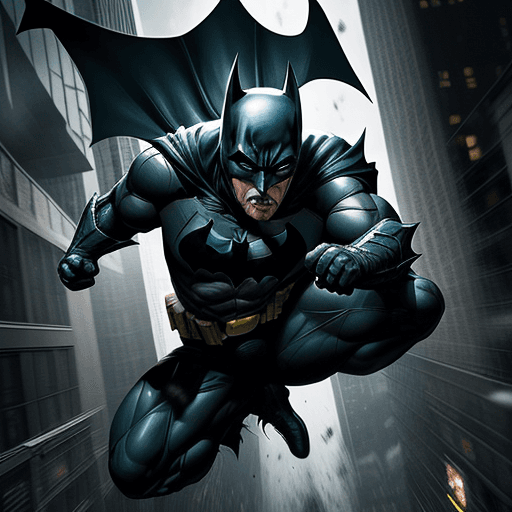 AI generated: a dynamic action scene featuring Batman in mid-fight, capturing the agility and acrobatics of the ch...
