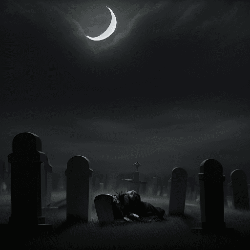 AI generated: night light, cloudy moon, tombstones on a meadow, an undertaker wearing a crown on his head and with...