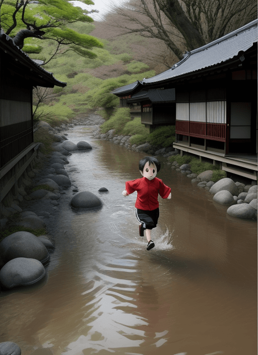 AI generated: baby, kaguya <lora:kaguya-000001:1> little boy running beside a river full of Japanese tooro