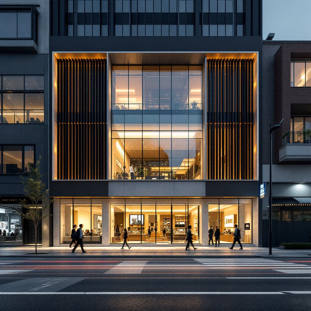 AI generated: photography, dynamic view, modernism mid-scale store facade design, Canon EOS 5D Mark IV, EF 24mm f/...
