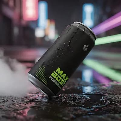 AI generated video: “Cinematic commercial shot of a refreshing soda can transforming from a still product image into a d...