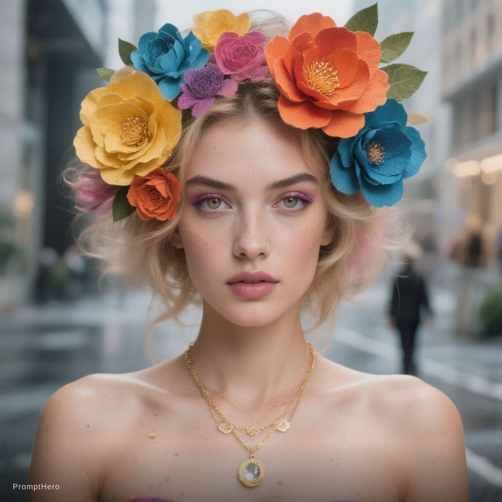 AI generated: disposable photography of a fashion model wearing paper flowers, colorful, 8k, photo realism, --ar 3...