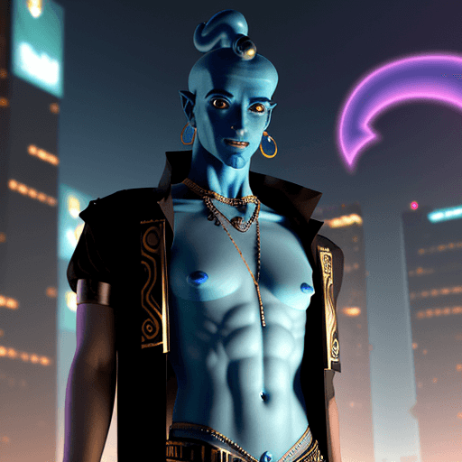 AI generated: Hyper-realistic male Genie, appearing from a genie lamp, cyberpunk
