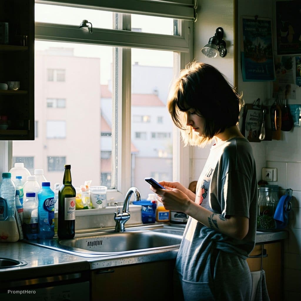 AI generated: The CounterSaturday afternoon in a cramped apartment kitchen, grey autumn light through a sliding do...