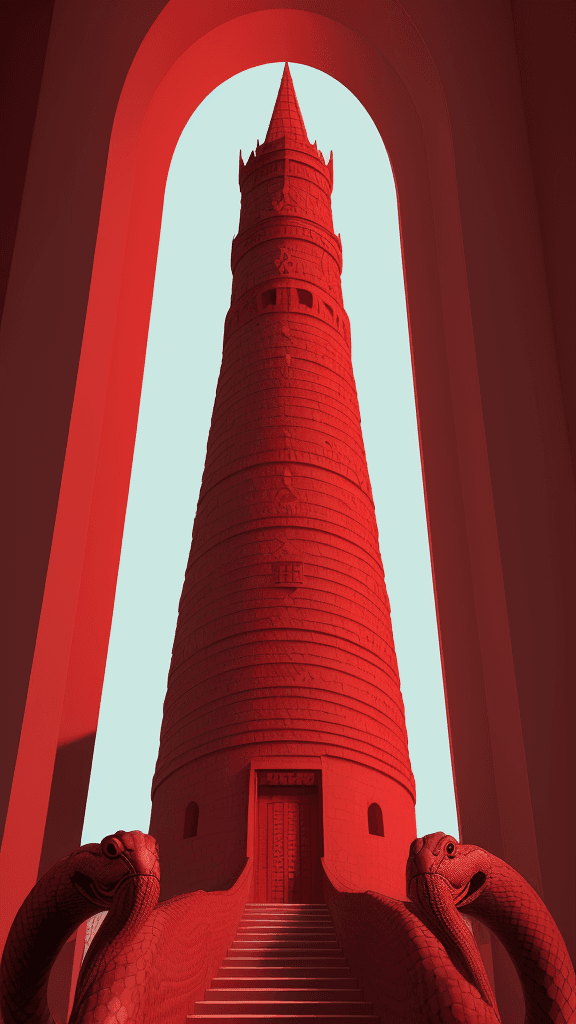 AI generated: Create a compelling image of The Tower of Health in ruby red. Consider incorporating symbolic elemen...