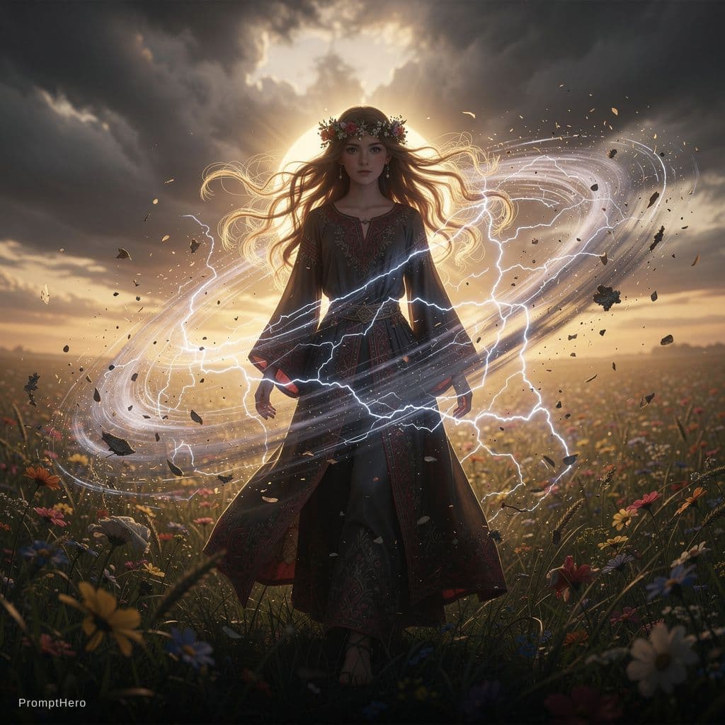 AI generated:  A young goddess with long wavy hair, standing in a flower field of tall grass. She is wearing a dar...
