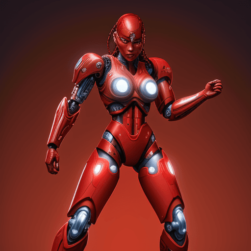 AI generated: cyborg fighter in red colors, cyber warrior, appears in legs

