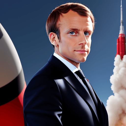 AI generated: French president macron , rocket, soldier, fierce
