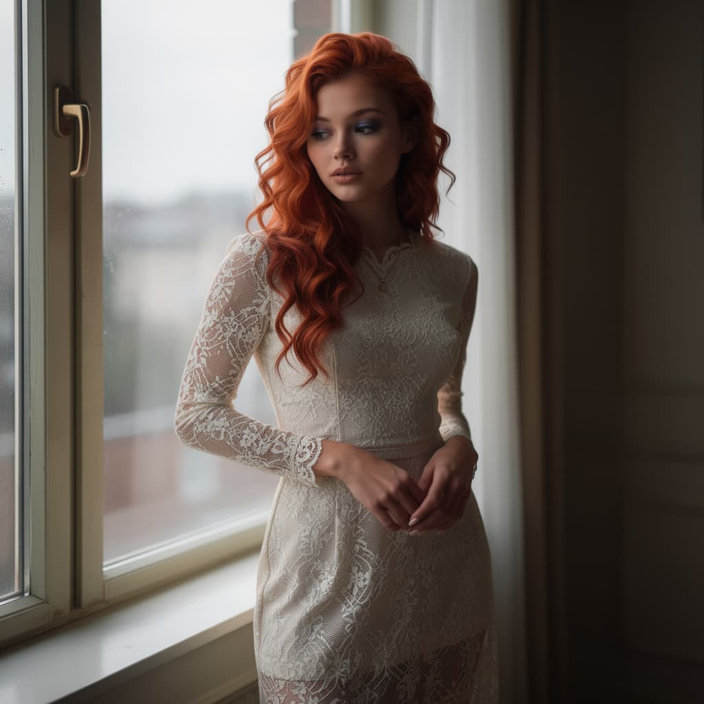 AI generated: "High-fashion editorial photo of a beautiful woman wearing elegant lace lingerie, standing near a wi...