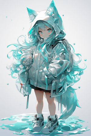 AI generated: Full body portrait of a liquid 3D model of anime character, wolf ear hoodie, iridescent teal color, ...