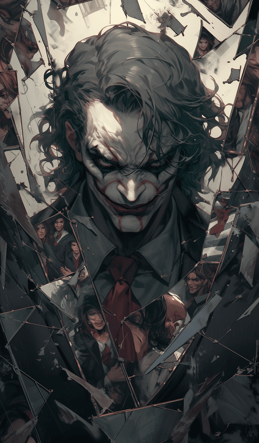 AI generated: The Joker, a villain from the Batman film series, looks at himself in a broken mirror, in the style ...