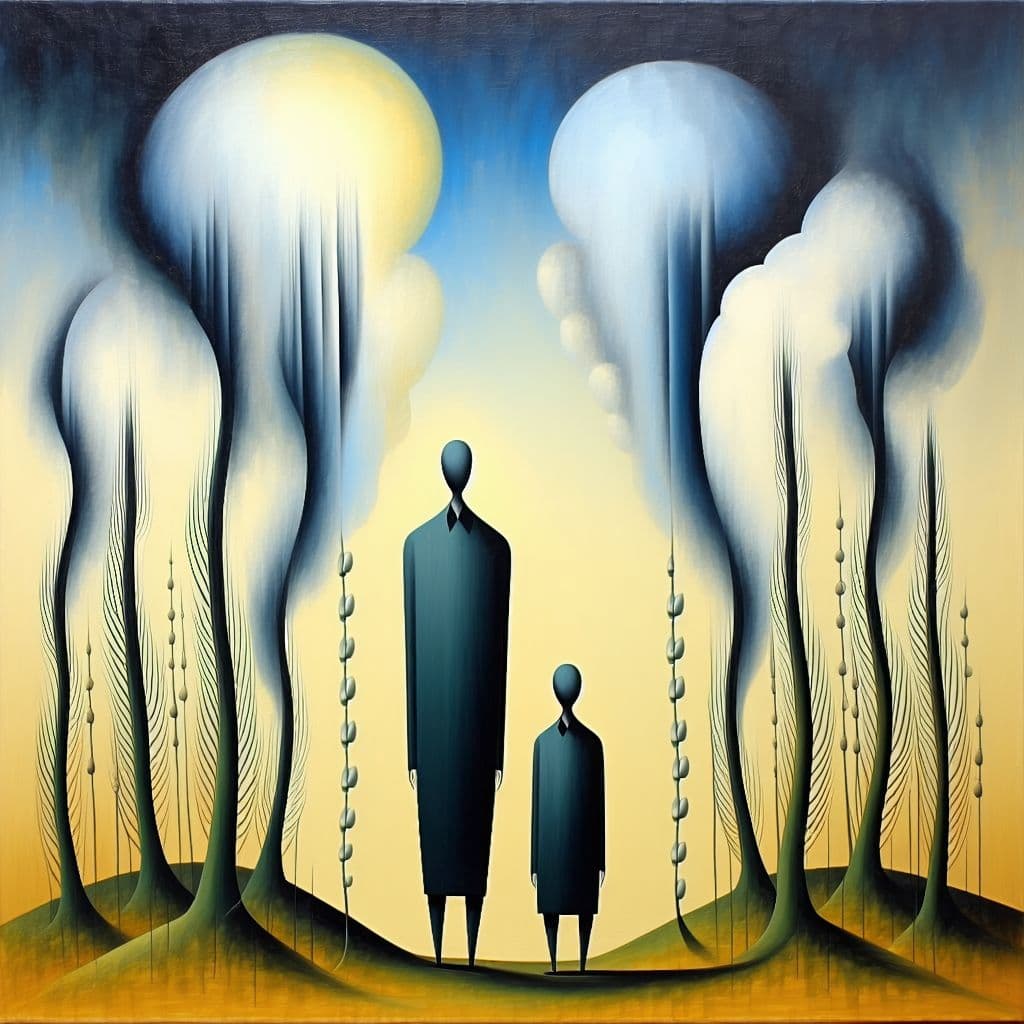AI generated: in an unsigned and recently discovered painting by Yves Tanguy, a trio consisting of mother, father ...
