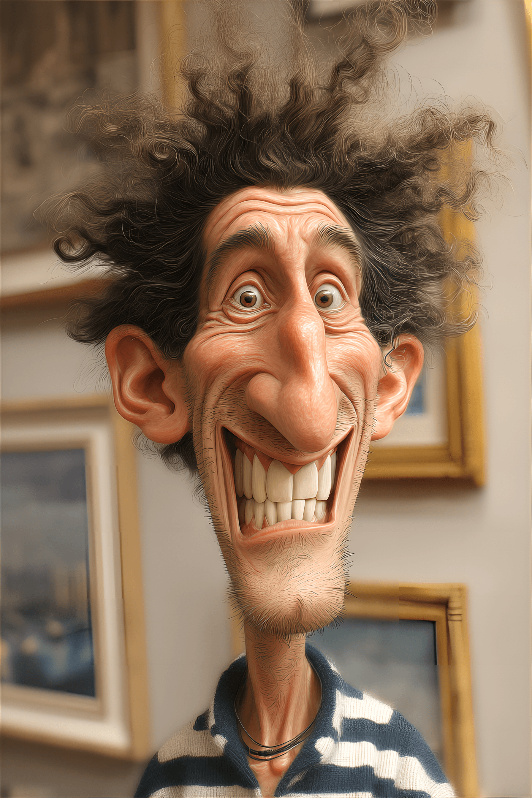 AI generated: funny caricature, exaggerated cartoon human, male, 40 years old, wild-haired, big-nosed, toothy, imp...