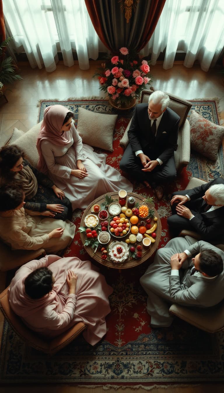 AI generated: overhead shot, traditional Iranian engagement gathering in a warm and nostalgic 1950s setting. The y...