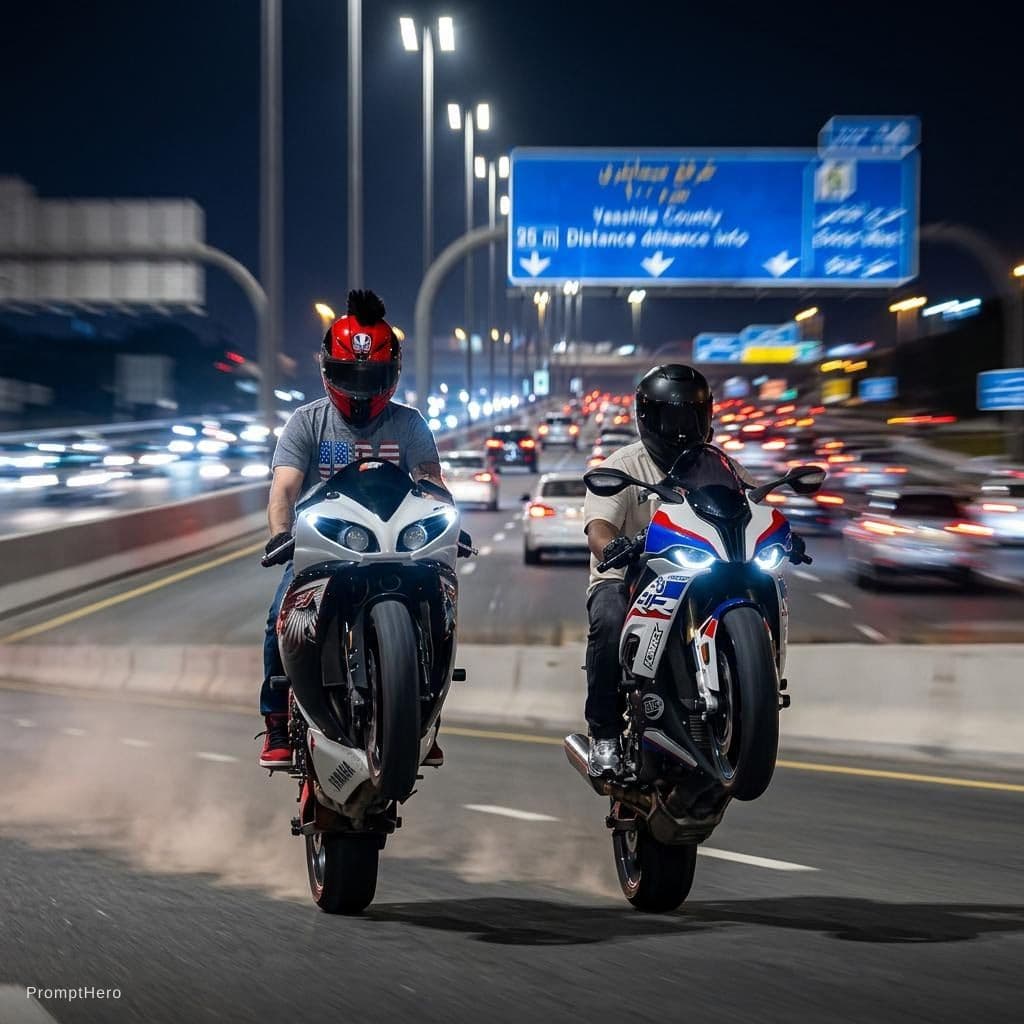 AI generated: Wheelie me and my friend in a highway blur cars behind us