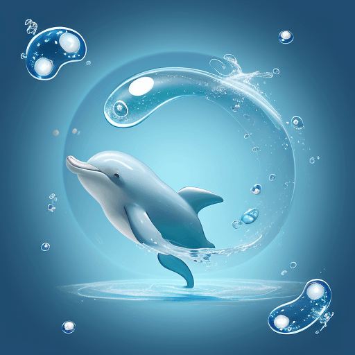 AI generated: Light blue playful dolphin playing a bubble, with shiny scales and a curved tail, by Ocean Animation...
