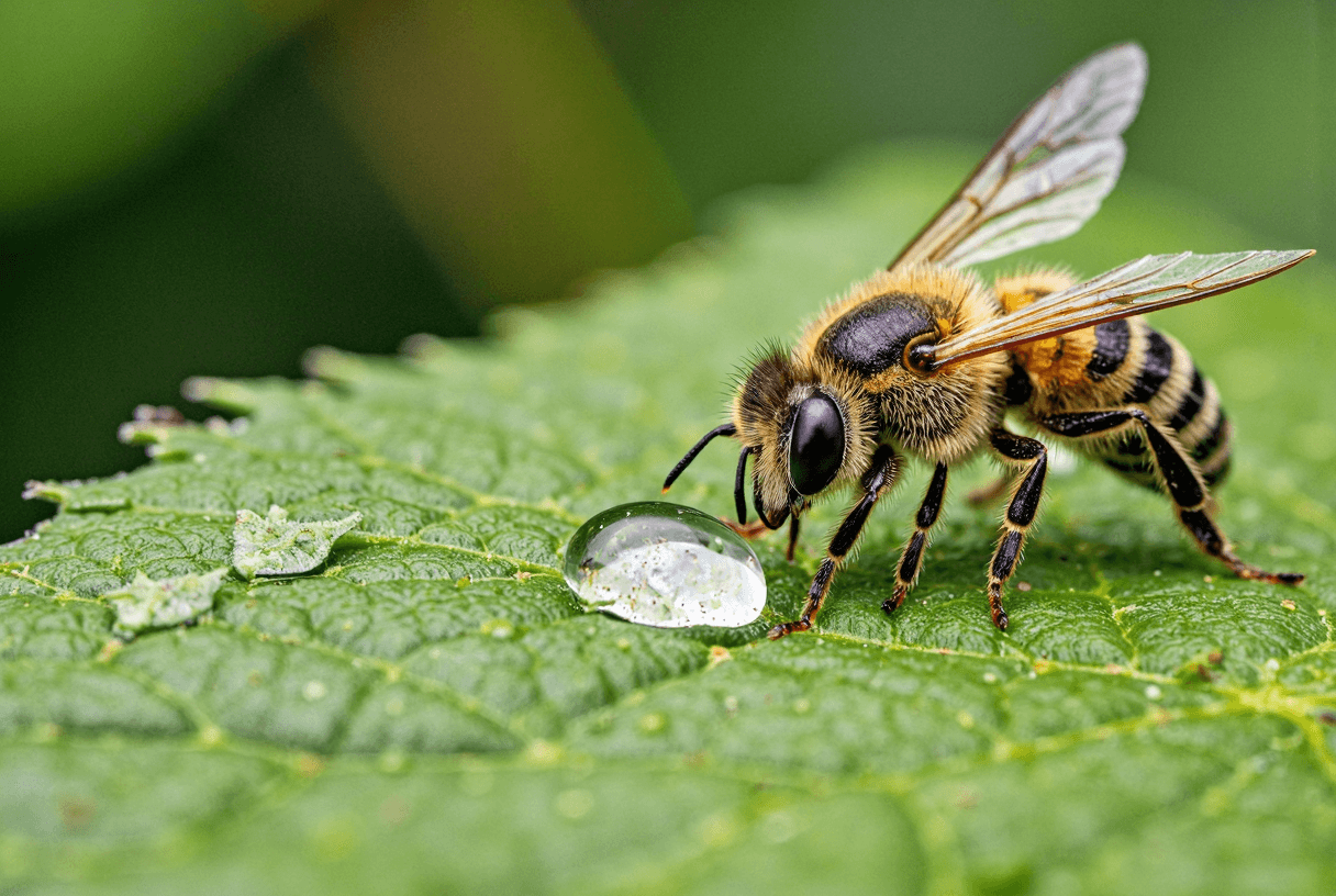 AI generated: macro photo of a bee drinking a waterdroplet of a green leaf, high details, sharp, extraordinary lig...