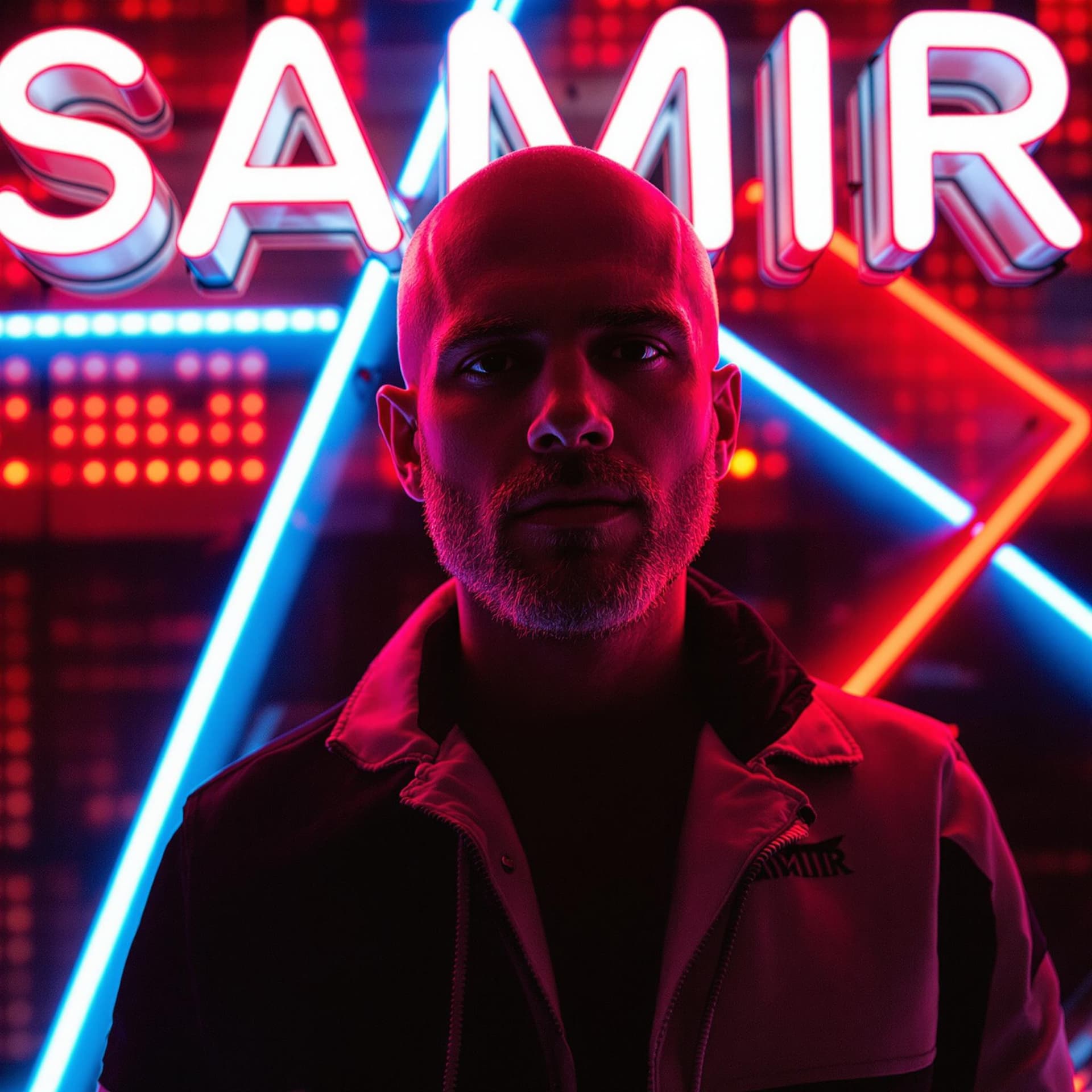 AI generated: a BALD man stands in front of a neon sign that reads "SAMIR" in bold white letters.  he is dressed i...