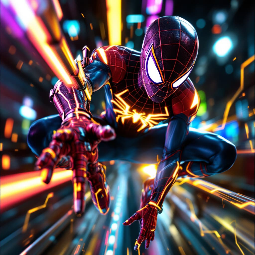 AI generated: Spider-Man in the style of Tron, with neon lights and a hyper-realistic, unreal engine-powered aesth...