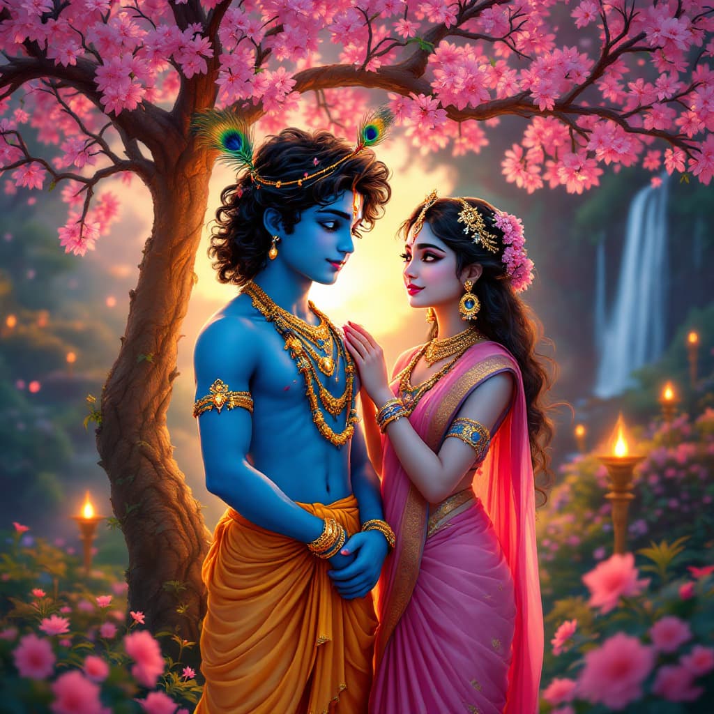 AI generated: 
"Create a highly detailed and vibrant digital illustration of young Lord Krishna and Radha standing...
