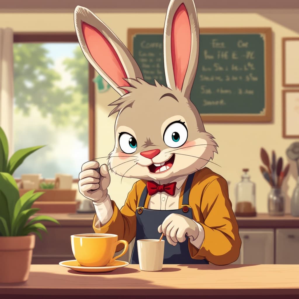 AI generated: A An unconventional cartoon of a A mischievous rabbit working at a café who can’t resist drinking ev...