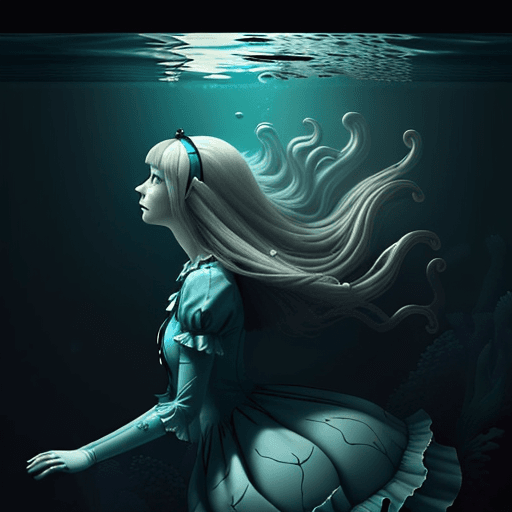 AI generated: alice sinking horizontally under water.
realistic, not creepy
looking towards the top
 arm pointing ...