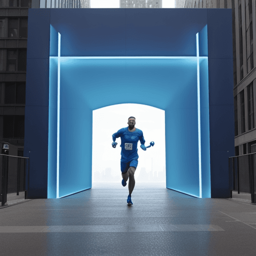 AI generated: a man running toward a bright blueish big rectangular portal  in the middle of Manhattan 