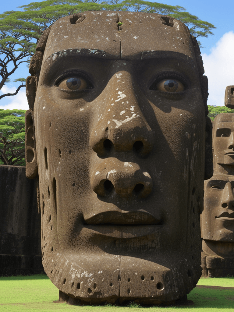AI generated: A moai, one of the famed, giant stone