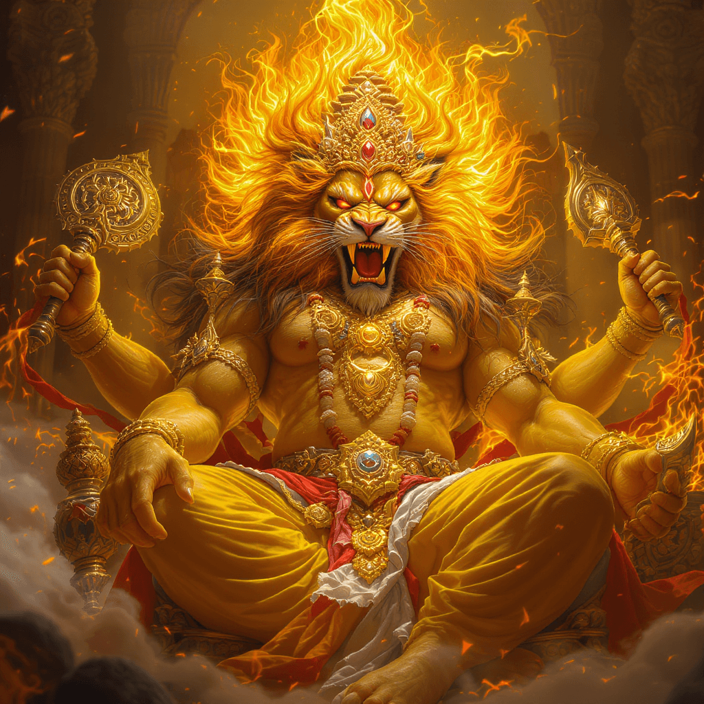 AI generated: "Create a hyper-realistic, majestic image of Shree Narasimha, the half-man, half-lion avatar of Lord...