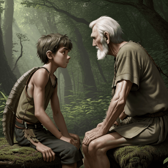 AI generated: side view of a young prehistoric boy and a tall and old prehistoric man.  Boy and Man sit nearby, ta...