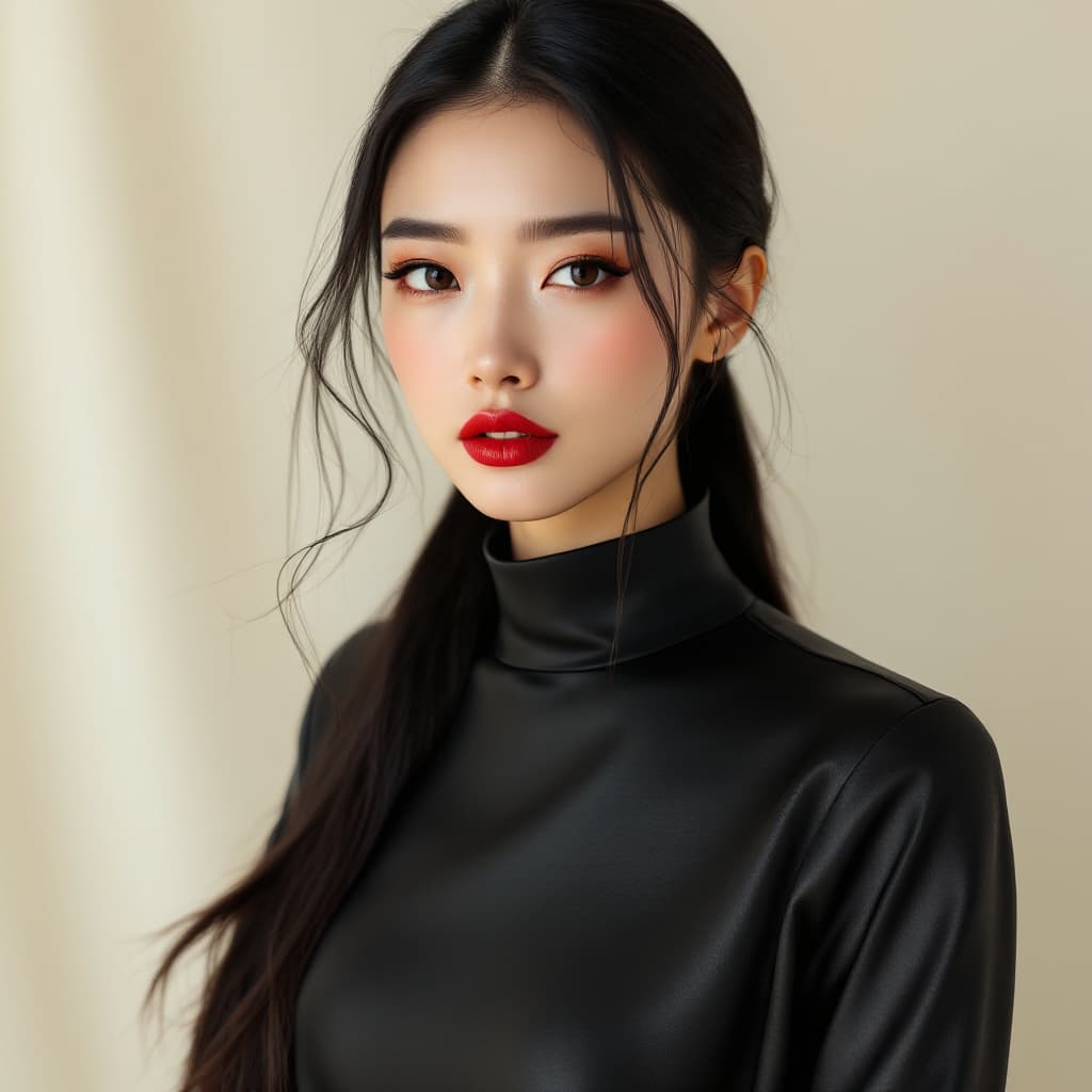AI generated: Portrait of a stunning, elegant East Asian woman with long black hair, sleekly pulled back into a lo...