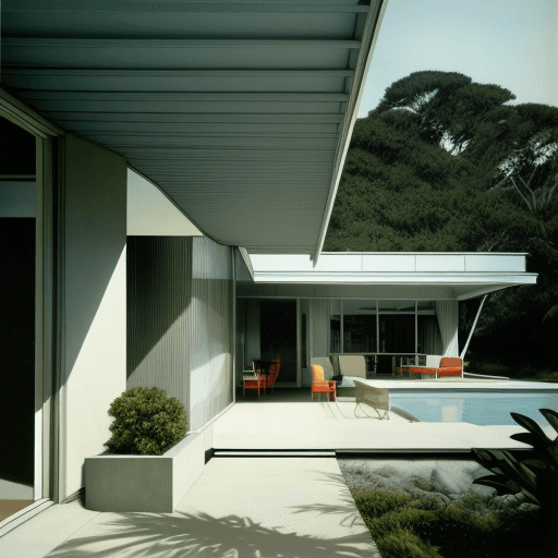 AI generated: Hyper realistic eye level exterior photo of a mid century modern style house overlooking the ocean, ...