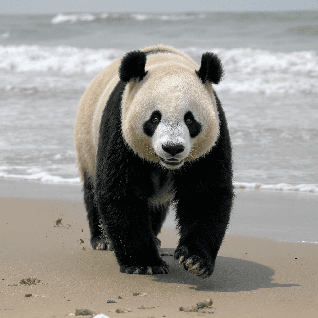 AI generated: A panda walking on the beach