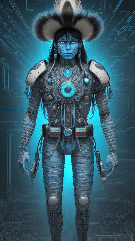 AI generated: a photo of an electronic cowboy ( Native American ) (plains cree) with real human eyes, electronic c...