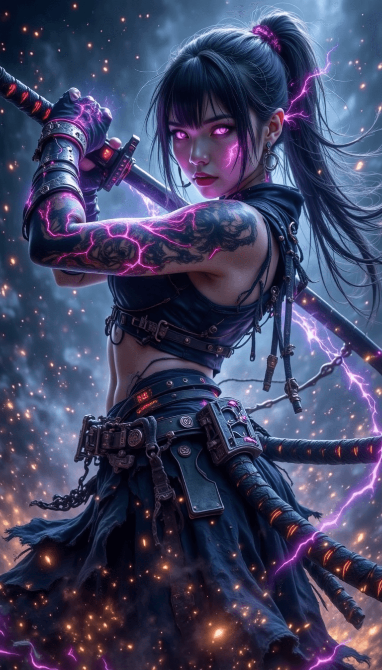 AI generated: a very low angle view of a japanese lady with a sword and a glowing tattoo on their arm and thigh, v...