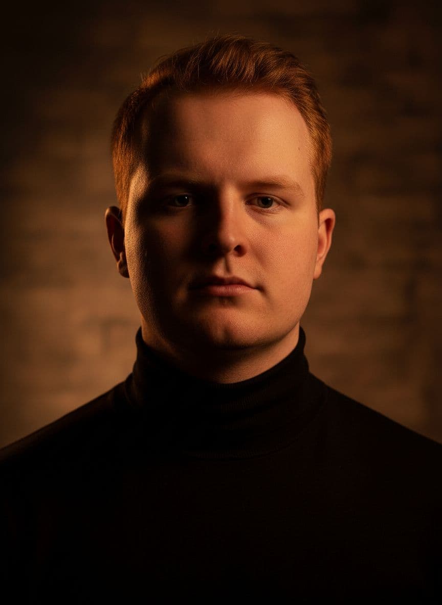 AI generated: Ultra-realistic portrait of a young male model, close-up shot, wearing a black turtleneck, cinematic...
