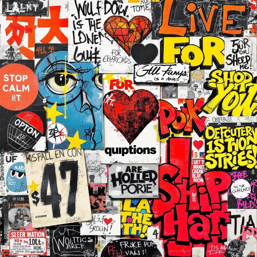 AI generated: 7h collage of bits of advertising and Graffiti 
