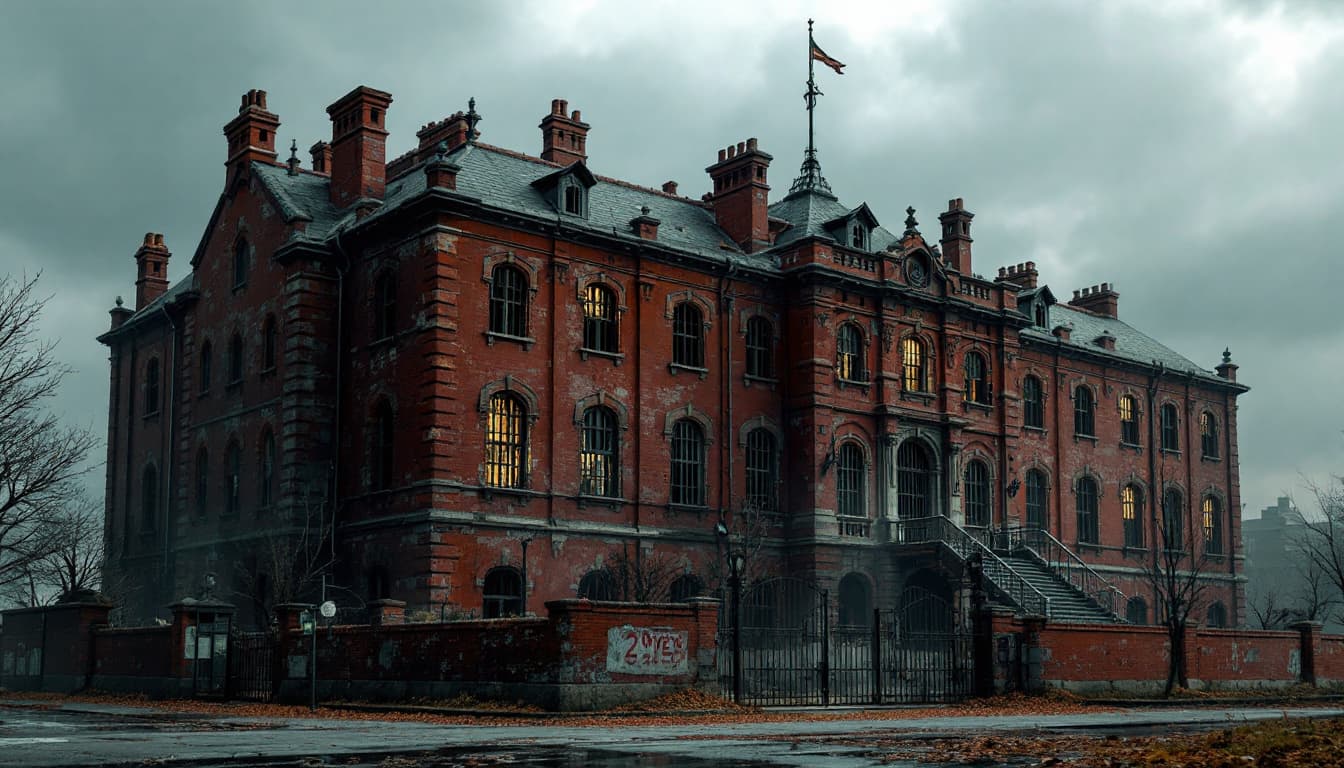 AI generated: (6-story:2.2) emphasize six floors, grand building, red exterior brick walls, prison barred windows,...