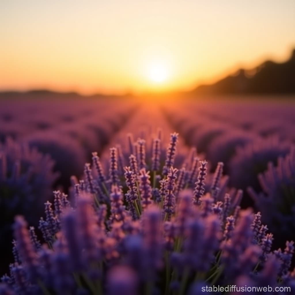 AI generated: Golden-hour sunlight casting a warm glow over a vast lavender field, gentle breeze swaying the flowe...