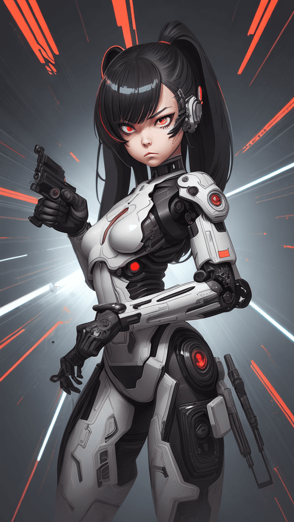 AI generated: in a neutral background portrait of little ((((Cyborg/army/female)))):4.4, shoot a ((((weapon))):4.4...