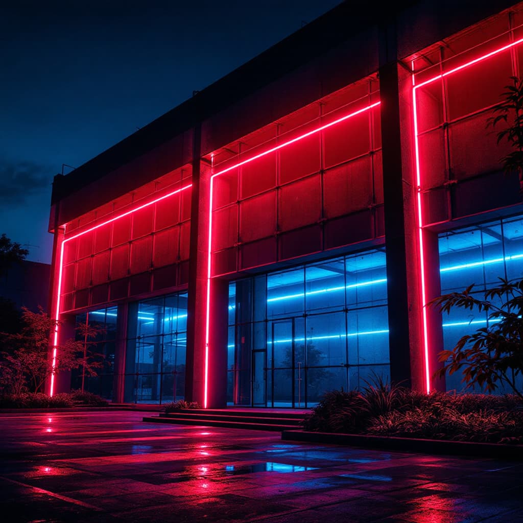 AI generated: cinematic, snap shooting, exterior night scene featuring an industrial building, structure filled wi...