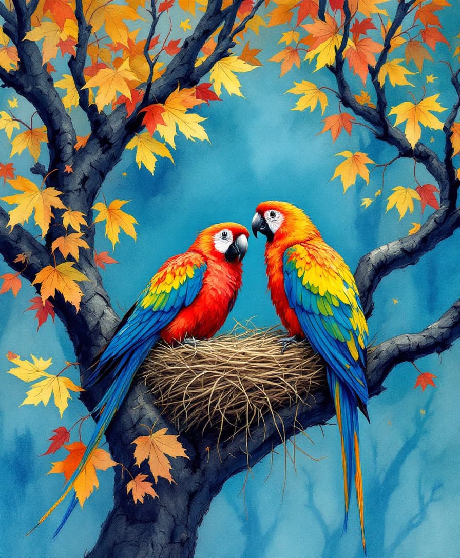 AI generated: This watercolor illustration of two colorful parrots nesting in an autumn tree against a backdrop of...
