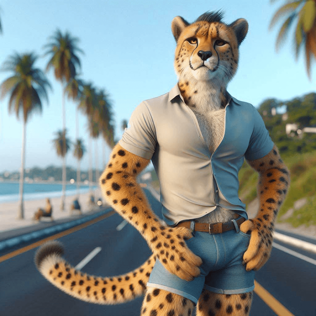 AI generated: A standing long-furred cheetah man in a shirt and shorts holding his hips on the shoulder of a road ...