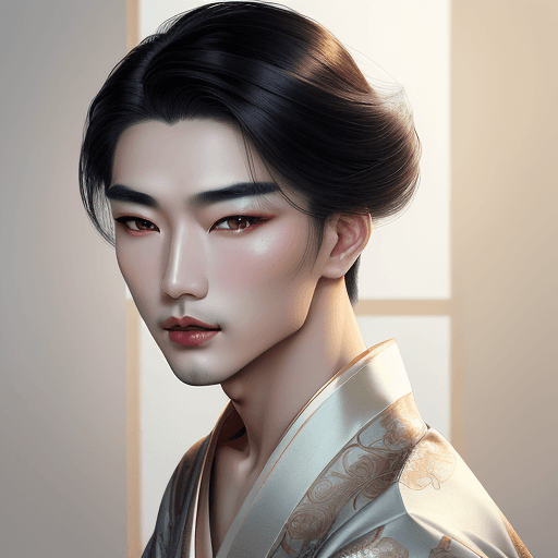 AI generated: Beautiful Asian man, porcelain skin, flawless and radiant, ethereal beauty, monolid eyes dark and de...