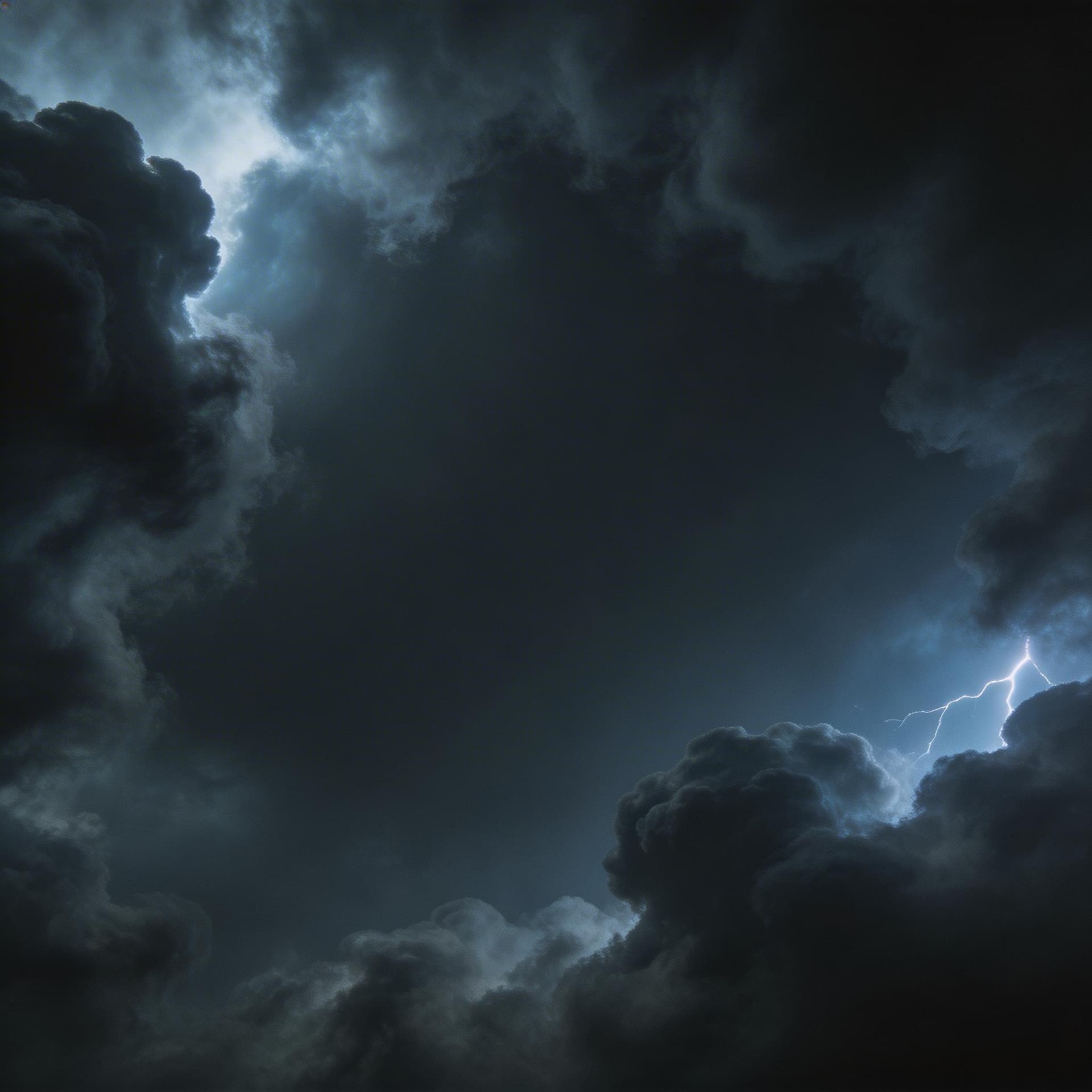 AI generated: dark storm sky with faint lightning glow behind clouds, dramatic cinematic lighting, minimal composi...