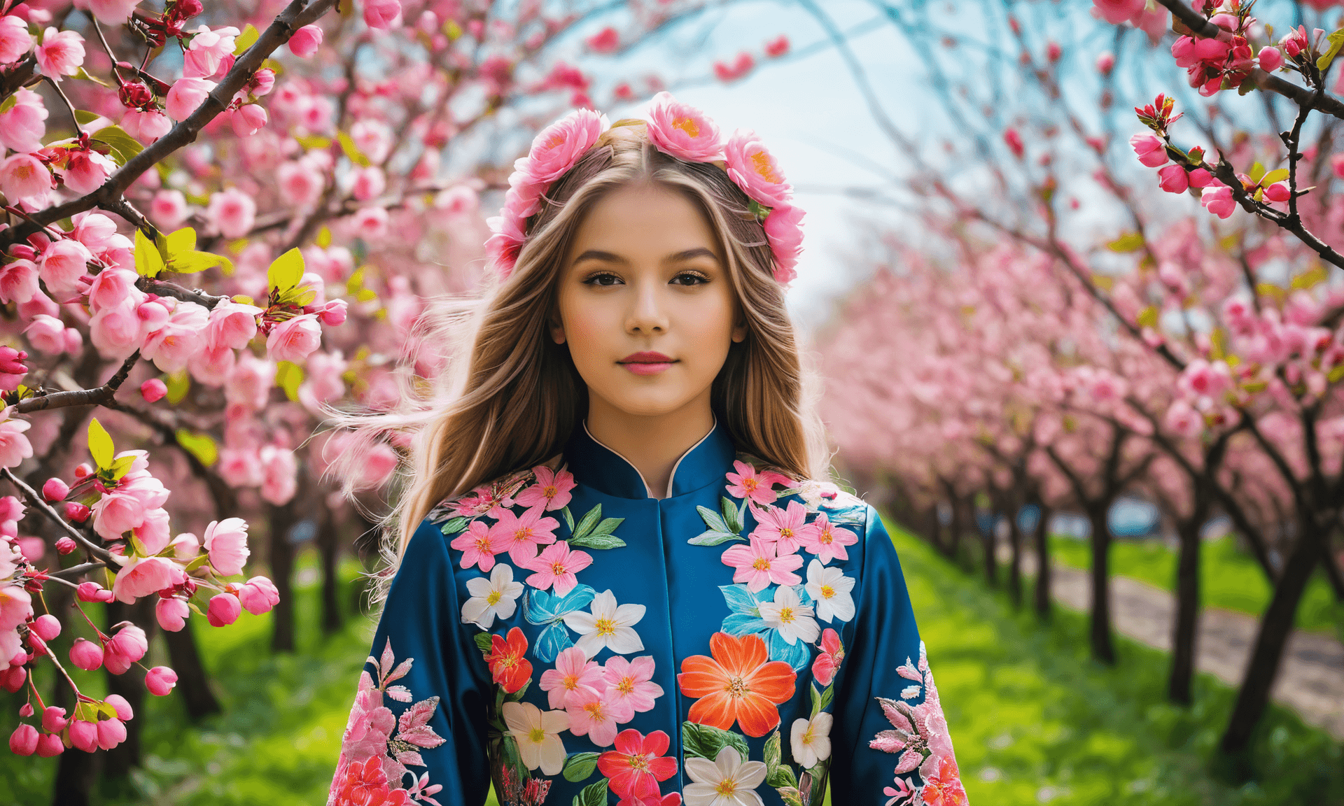 AI generated: A Photograph capturing the essence of spring, showcasing a girl in intricate floral attire, surround...