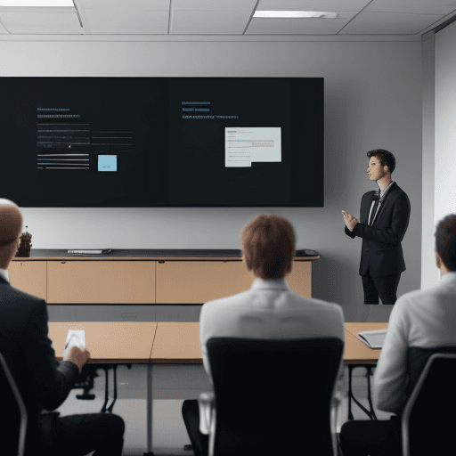 AI generated: There's a guy explaining to 3 people in the conference room. In front of them, there's an explanatio...