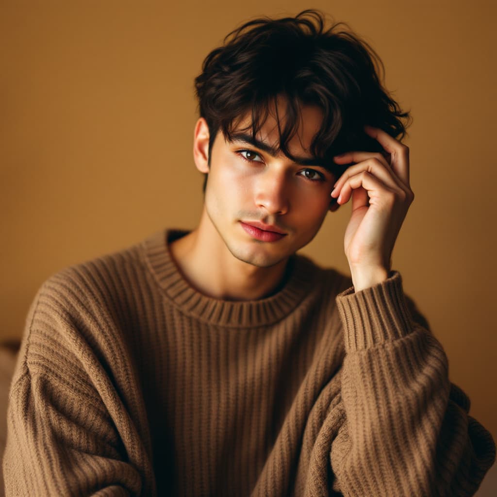 AI generated: A man with short dark brown hair, wearing an off-shoulder oversized brown knit sweater. She gazes so...