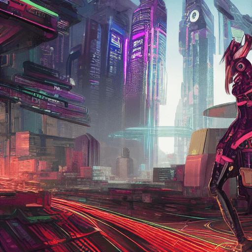 AI generated: a cyberpunk-inspired scene featuring an anthropomorphic queen bee. Apply algorithmic artistry, mecha...
