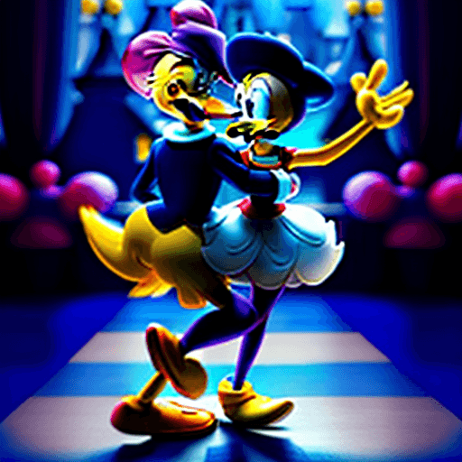 AI generated: Donald Duck dancing with Emma Watson in front  of Disney Castle